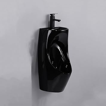 Wall Mounted Ceramic urinals for Men Spill Proof Nighttime with Wash Basin and Faucet,Outdoor Urinals for Men,for Bathroom Commercial Hotel Garage BarBlack
