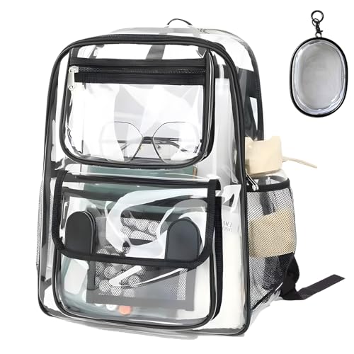 Image of Clear Backpack - PVC Waterproof Transparent Bag, Large Capacity See Through Backpack with Data Cable Storage Bag, Clear School Rucksack with Adjustable Straps for College Work Travel Concert Sports