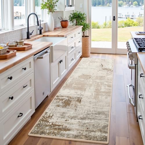 HOMORE 2x8 Runner Rug for Kitchen Hallways Runners Rugs, Beige Long Rug Non Slip Washable Rugs for Entrway Soft Abstract Carpet for Entrance Bedroom Living Room Bathroom