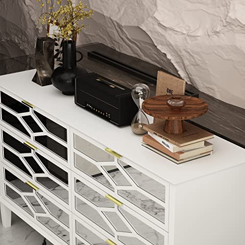 Ecacad 6 Drawer Double Dresser Storage Chest Of Drawers With Mirror Fronts, Wood Dresser Chest With Carved Pattern For Bedroom, Living Room & Hallway, White (55.1”L X 15.7”W X 30.3”H) #TOP2