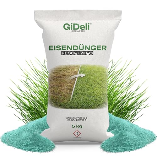 GiDeli Eisendünger 5kg - Rasen-Nährstoffe zur Moosbekämpfung - Ein Kilogramm reicht für 50 m - Pulver bietet Rasenfläche für sattes kräftiges dichtes Grün - Optimal für säureliebende Pflanzen