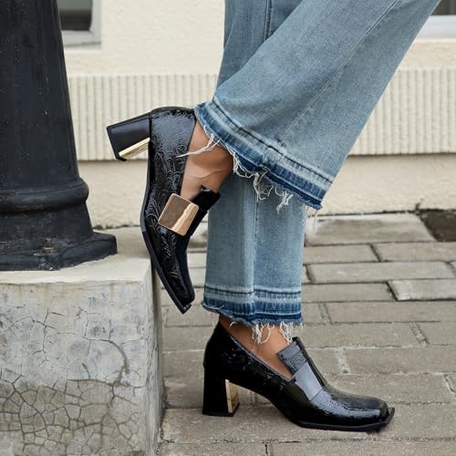 Image of Loafers for Women Patent Leather Buckle Square Toe Chunky Block Dress Slip On Wide Casual Comfortable Dressy High Heels Ladies Comfort Moccasins Elegantes 2 Inch Shoes