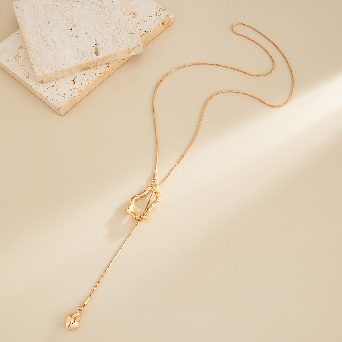 Lariat Necklace for Women Dainty Gold Long Necklace 14k Gold Plated Adjustable Y-Shaped Pendant Necklace Sliding Lariat Chain Minimalist Layered Statement Jewelry
