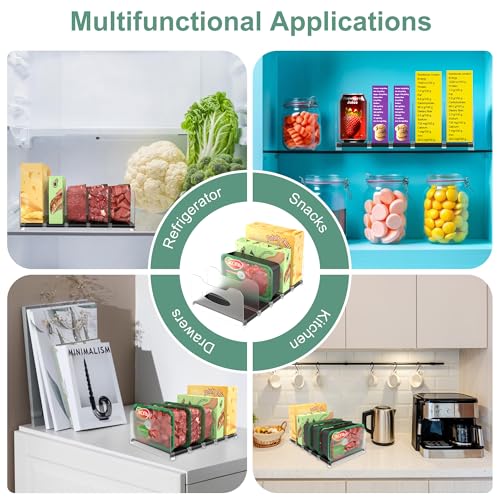 SURETIVIAN Freezer Organizer 12” Visible Fridge Organizer Rack with Removable Dividers and Handles, Freely Adjustable, Fits Refrigerator Frozen Meals, Lunch Meat Box, Cheeses (Black) - Thumbnail 7