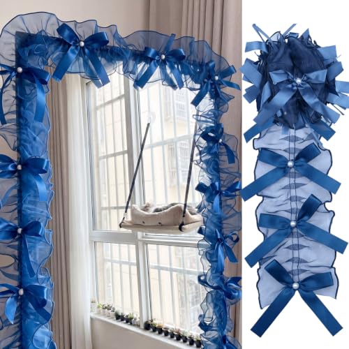 Navy Blue Bow Lace Trim with Ruffle and Pearls for Mirror Decor, 9.84 ft
