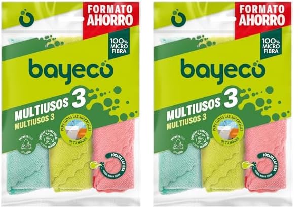 Bayeco - Pack Bayetas Multiusos - 100% Microfibra - Todo Tipo de Superficies - Gran Capacidad de absorción y Acabados sin Marcas ni Pelusas, sólo con Agua, 3 Unidades (Paquete de 2)