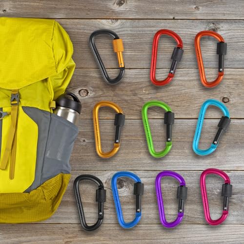 Carabiner Clip, 3\" Locking Carabiners, D Ring Shape Caribeaner with Key Rings, Aluminum Carabiner for Keychain Clip, 10 Pack