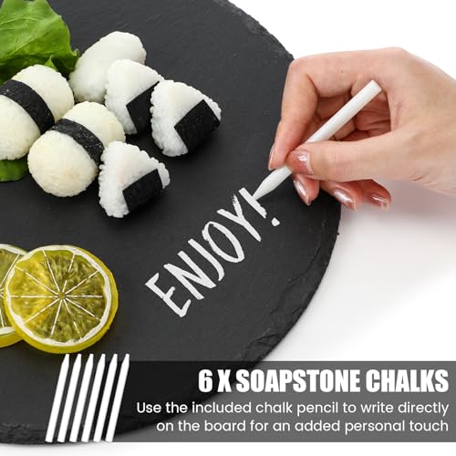 Uiifan 6 Pcs 11 Inch Round Slate Cheese Boards Round Black Stone Plates for Wedding Day Charcuterie Board Cheese Platter Serving Stone Tray Soapstone Chalk for Meats Appetizers Dried Fruit Party Gifts by Uiifan - Image 5