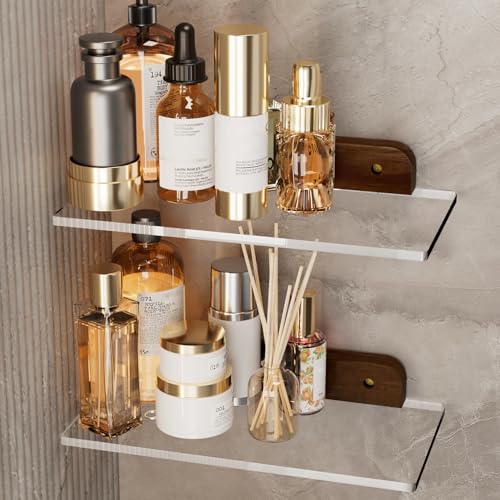 QsQueen Small Acrylic Floating Shelf for Wall, Clear Acrylic Wall Shelf with Solid Wood Base, Thick Minimalist Display Shelf for Bathroom, Bedroom,Plants, Perfume, Nail Polish,Living Room & Decor