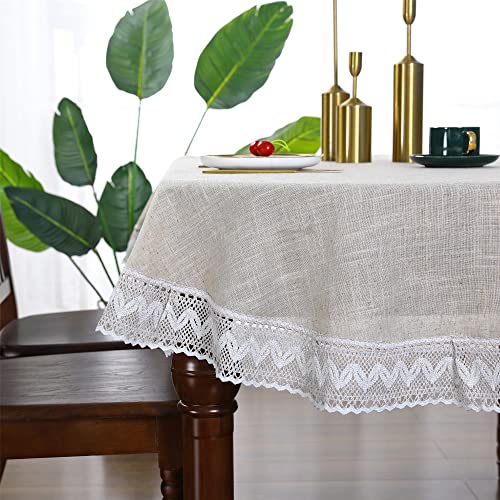 Linen Oval Tablecloth With White Lace For Dining Room Table Heavy Duty Table Cover Fabric Small Oval 52 X 70 Inches #TOP3