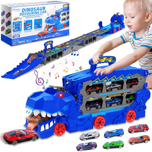 Camión de Transporte de Dinosaurios,Portátil Pista De Carreras Camión Juguete Coche con 6 Coches De Carreras, Dinosaurio transportador de Juguete de 3, 4, 5, 6,7,8 años niño