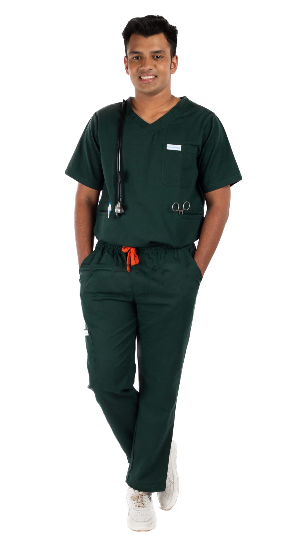 VastraMedwear Men's Knit V Neck Half Sleeves Scrub Suit | 5 Pockets Medical Scrub Scrub Suit For Doctor | Uniform for Doctors, Nurses & Dentists & Healthcare Professionals Scrub Suit For Men |Green