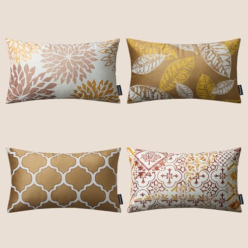 Phantoscope Set of 4 New Living Series Leaf Geometric Throw Decorative Velvet Pillow Cover Cushion Cover, Beige Gold 12 x 20 inches 30 x 50 cm