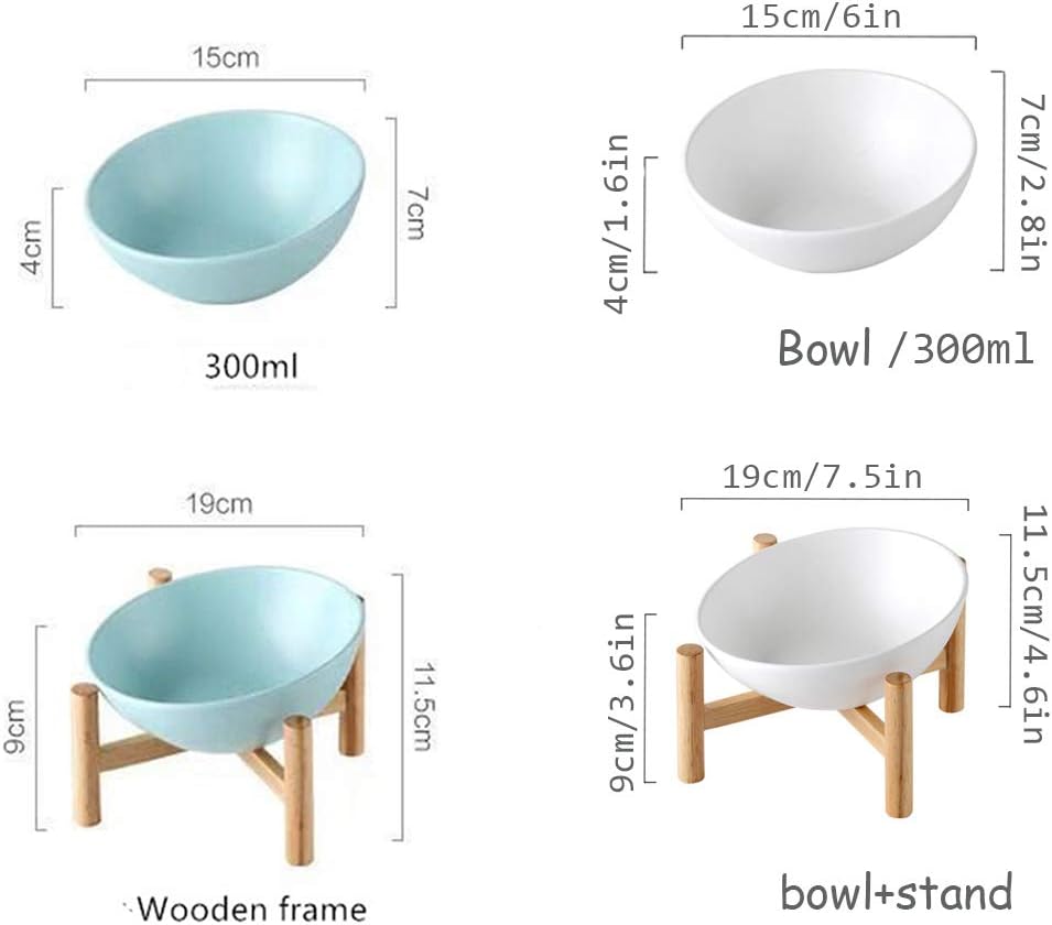 Ceramic Tilted Elevated Raised Pet Bowl with Wood Stand for Cats and Dogs No Spill Pet Food Water Feeder Slanted Cat Dish, Hold 12 Oz, Stress Free (White)