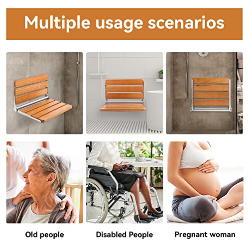 Vawan Folding Shower Seat Wall Mounted, Home Care Wall Mounted Aluminum Folding Shower Seat, Wall-Mounted Fold Up Bathroom Stool Seating Chair (Red Oak/400 Lbs) #TOP2