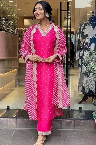 Image of Jwalin Women's Chinon Silk Embroidered Kurta and Pant Set with Dupatta|Kurta Set for Women|Ethnic Set|Kurti Set