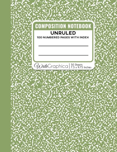 Marble Composition Notebook Unruled Sage Green: 100 Numbered Pages (50 Sheets) with Table of Contents (Index Page), 9 3/4 x 7