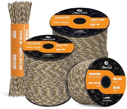 Abma Cord Paracord 550 4mm Nylon Rope (15m-30m-50m-100m) Type III 7 Strands Parachute Cord Top 45 Hot Colors - Max. 250kg - Black, 30m