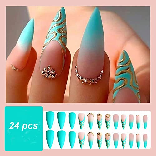 Magrace Extra Long Press On Nails Almond Blue Fake Nails Long French Tips False Nails With Designs 24 Pcs Green Stick On Nails For Women #TOP1