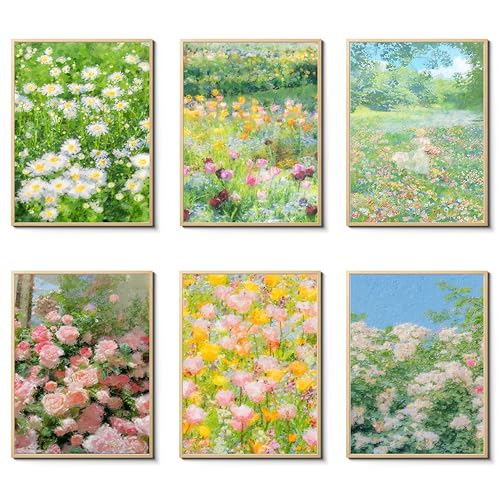 CEKEIOLMLW Cottagecore Aesthetic Floral Wall Art, Monet Impressionist Wildflower Daisy Rose Painting Poster, Vintage Green Nature Small Landscape Decor Girls Room Home Decor 8x10 inch Unframed