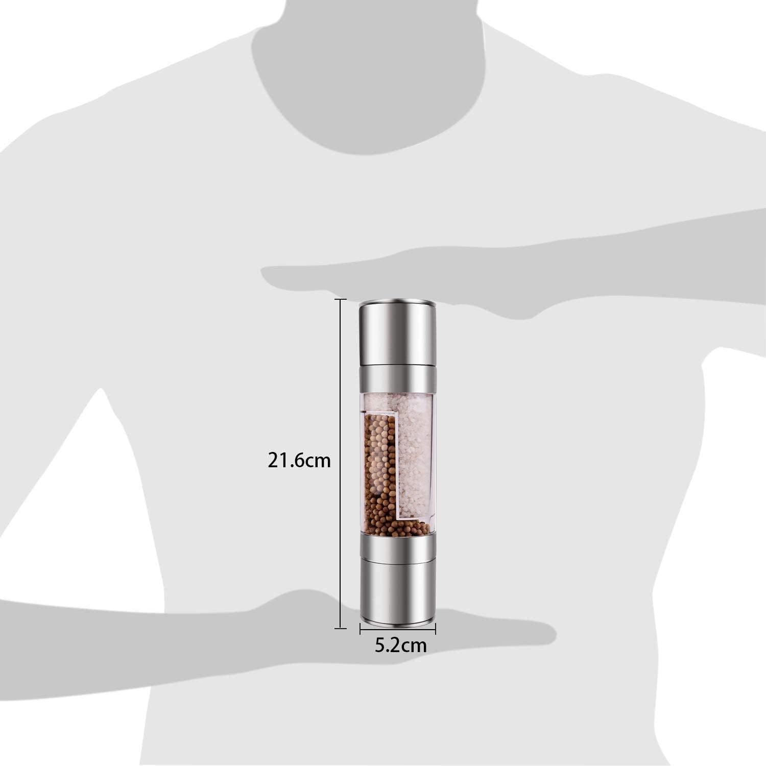 Salt and Pepper Grinder Set Pepper Grinder Refill Stainless Steel Salt Pepper Grinder Mill 2 in 1 Manual Mill Shakers Refillable with Dual Adjustable Coarseness and Clear Acrylic Body