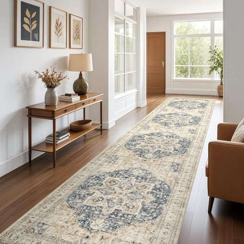 Tortania Area Rug 3x16 Runner Rugs - Washable Vintage Oriental Farmhouse Thin Indoor Carpet for Living Room Bedroom Hallway Entryway Kitchen Under Dining Table Home Office - Cream/Blue
