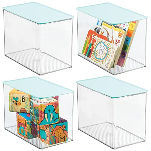 mDesign Stackable Closet Plastic Storage Bin Box with Attached Hinged Lid - for Organizing Baby/Child's/Kids Toys, Action Figures, Markers, Blocks, Crafts, Dog/Cat Toy Box - 4 Pack - Clear/Mint