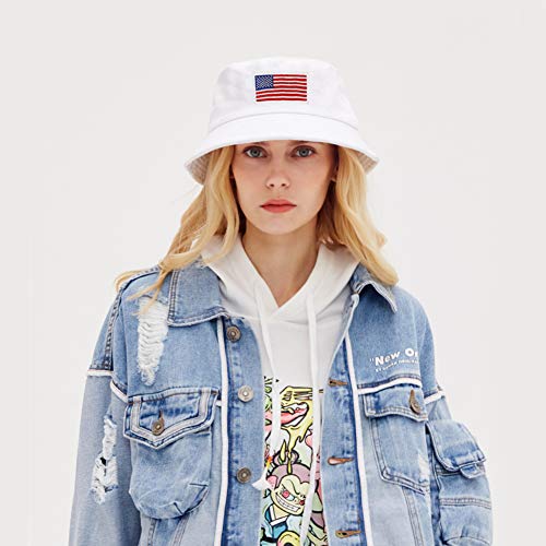 Malaxlx Unisex American Flag Embroidery White Bucket Hat Beach Sun Hat Trendy Summer Outdoor Fishing Hat For Women Men Teens Girls #TOP1