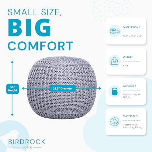 BIRDROCK HOME Round Pouf Foot Stool Ottoman - Knit Bean Bag Floor Chair - Cotton Braided Cord - Great for The Living Room, Bedroom and Kids Room - Small Furniture (Soft Silver) by BIRDROCK HOME - Used condition - Image 3