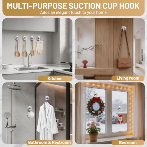 Fenas Large Suction Cup Hooks, Heavy Duty 15lb Holds Towel & Robe, No-Drill Shower Bathroom Hooks for Tile Wall Glass Mirror, Mounts on Smooth Non-Porous Surfaces (2, Brushed Nickel) - 2