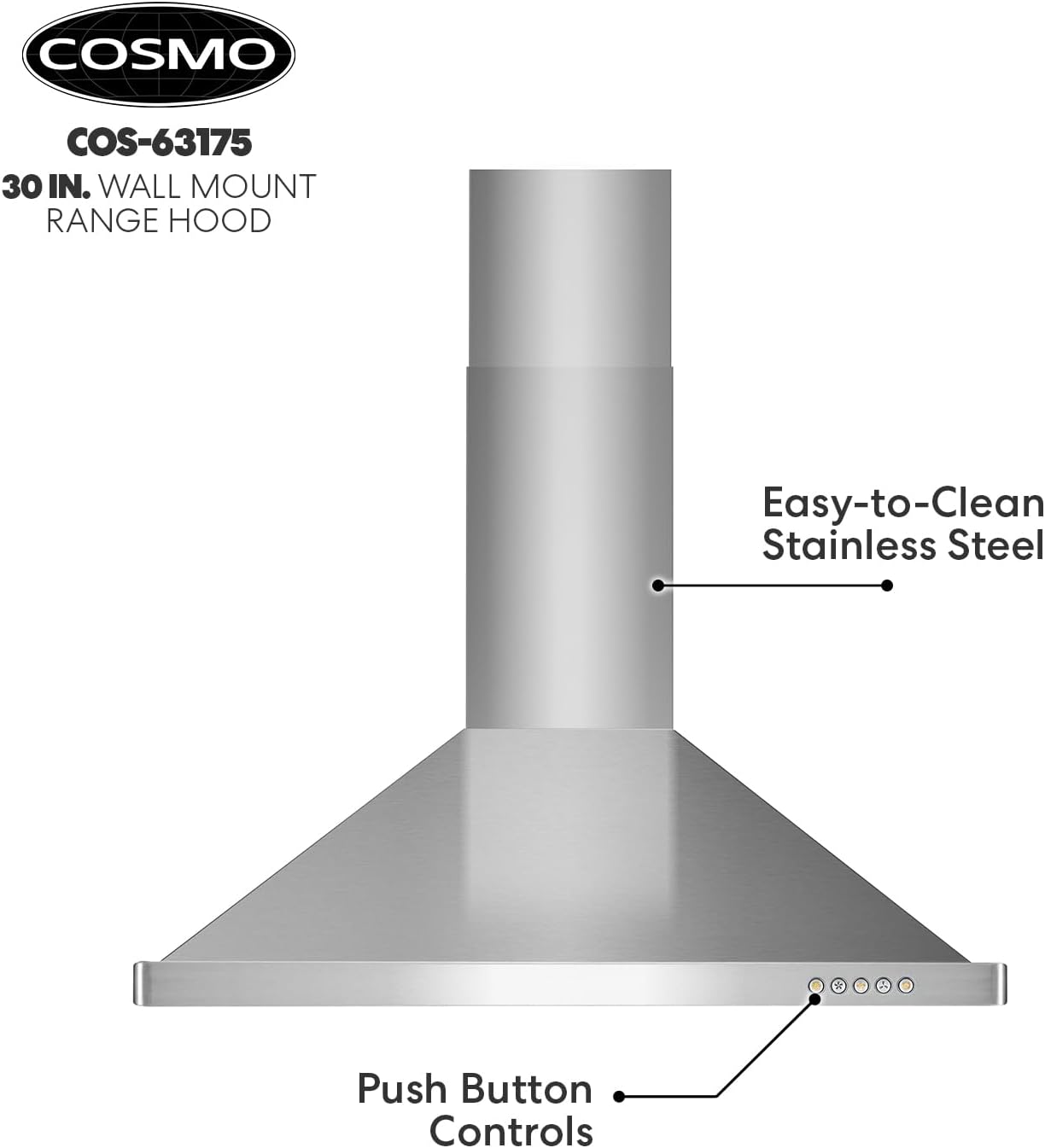 COSMO COS-63175 30 in. Vista Collection 380 CFM Ducted Wall Mount Range Hood, Button Controls, LED Lights, Stainless Steel