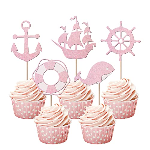 30 Pack Nautical Cupcake Toppers Glitter Anchor Rudder Cupcake Picks Ocean Sailling Whale Theme Baby Shower Girls Birthday Cake Decorations Supplies Pink #TOP28
