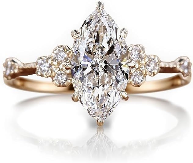 Marquise Cut Moissanite Engagement Ring – 14K Solid Gold Vintage Inspired Bridal Ring – Cluster Floral Moissanite Wedding Band – Promise Ring Anniversary Jewelry for Her