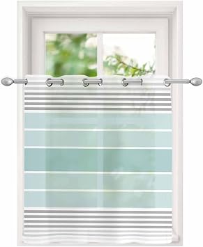 Aqua Ombre Stripes Sheer Curtains for Bedroom/Living Room, Grommet Kitchen Curtains 45 Inches Long, Modern Abstract Stripes Aesthetic Semi-Sheer Curtain Drapes Voile Window Treatments