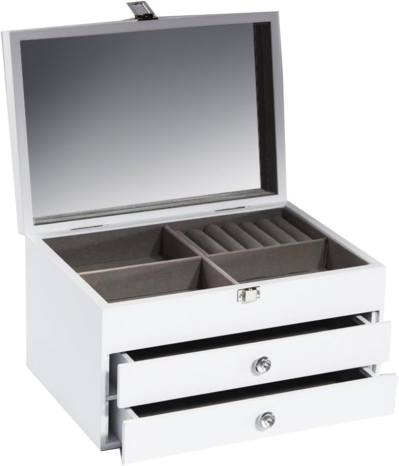 Charming House Design White Wooden Jewellery Box, Lift up lid with large mirror and two Pull Out Drawers NEW