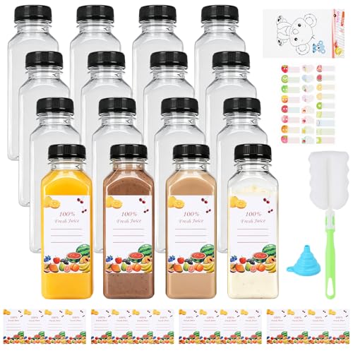 ZUYIST Lot de 16 Bouteilles en Plastique Vides de 350 ml, Bouteilles de Jus en Plastique avec Couvercles Noirs Inviolables, Vides et Réutilisables pour Jus de...