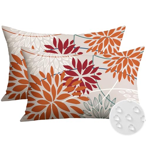 Image of JOTOM Outdoor Cushion Covers 40x60 cm Set of 2 Flowers Waterproof Decorative Throw Pillow Covers Floral Lumbar Pillowcases for Patio Sofa Couch Bench Tent Indoor Decoration Orange Red