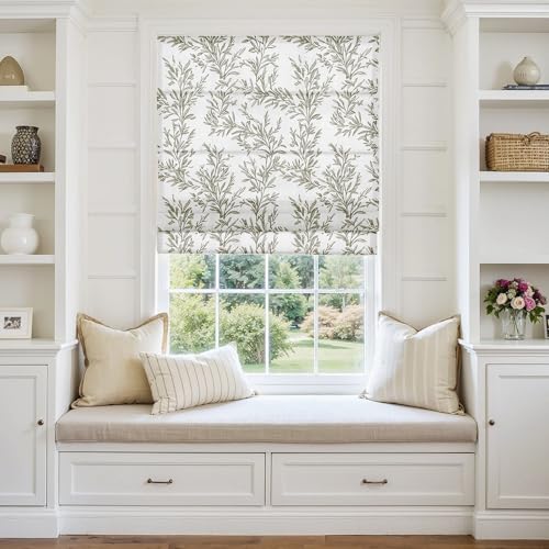 Image of TWOPAGES No Drill Cordless Vintage Leaf Print Roman Shades Linen Textured Roman Blinds for Windows, Custom Made Room Darkening Light Filtering Roman Window Shades, Dove Grey, 1 Piece