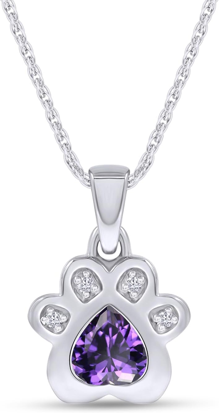 Heart & Round Cut Simulated Birthstone & White Natural Diamond Accent Paw Print Pendant Necklace Along With 18" Silver Chain Jewelry For Women In 14k Gold Plated Sterling Silver