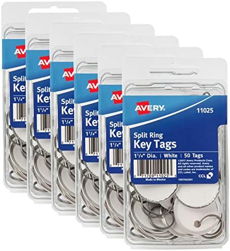 Avery Metal Rim Key Tags 6-Pack, 1.25" Diameter Tag, Metal Split Ring, White, 300 Tags Total (13128)