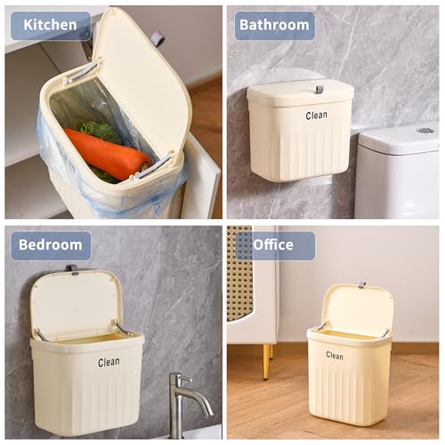 Image of Hanging Trash Can with Lid, 2.2 Gallon Kitchen Garbage Bin Food Waste Container Kitchen Compost Bin Wall Mounted Trash Can for Kitchen, Cupboard, Bathroom, Bedroom, Office, Under Sink - Beige