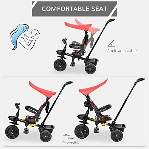 HOMCOM 4-in-1 Kids Tricycle Toddler Trike w/ Reversible Angle Adjustable Removable Seat Adjustable Handle Canopy Handrail Belt Storage Footrest Ages 1-5 Years - Red