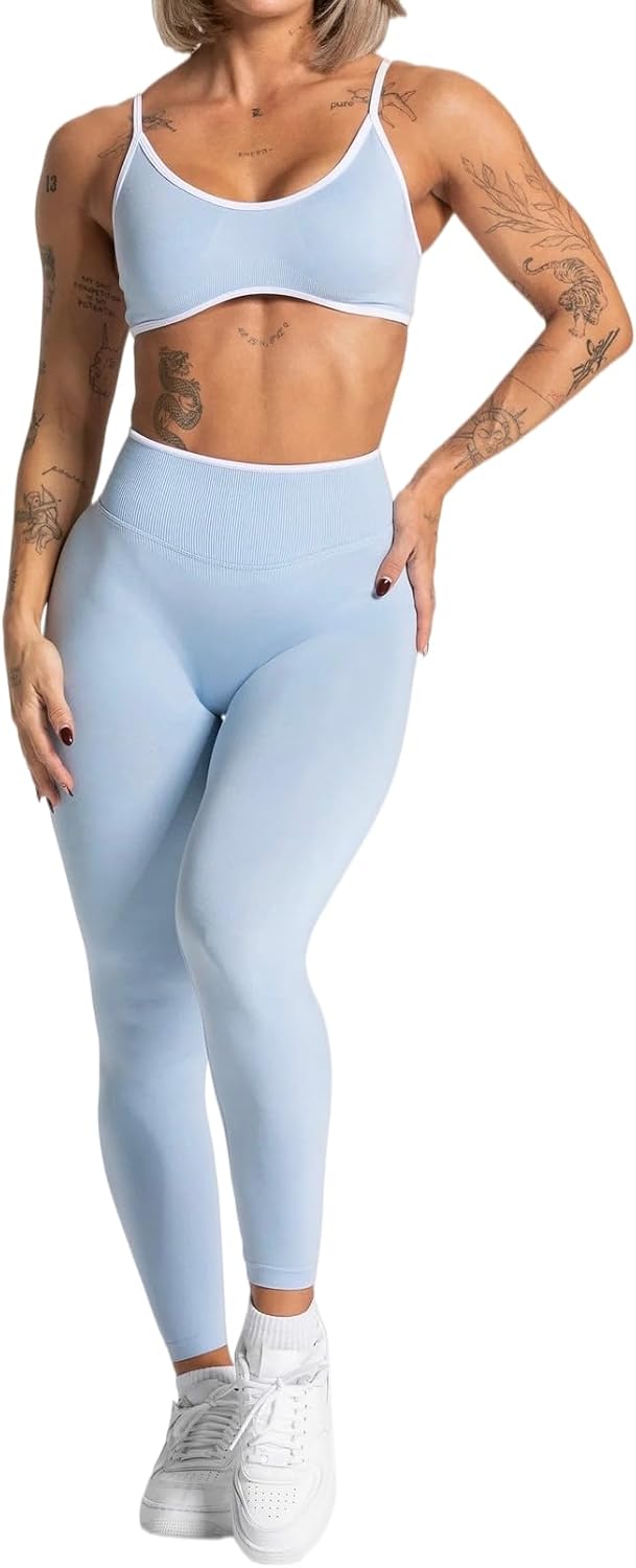 Workout Sets for Women 2 Piece Seamless Color Block Strappy Sports Bra High Waist Leggings Gym Yoga Pilates Outfits Sets