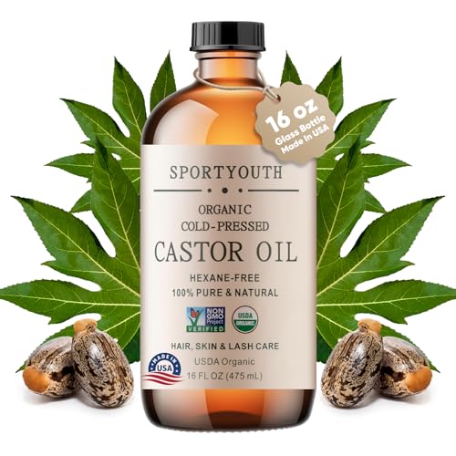 SPORTYOUTH Organic Castor Oil Glass Bottle 16oz Cold Pressed USDA Certified 100% Pure Hexane Free Unrefined Carrier Oil for Hair Growth, Scalp, Castor Oil Pack, Eyelashes, Brows, Skin, Face