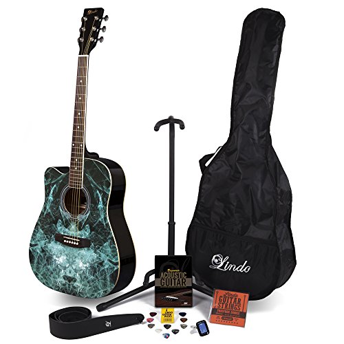 Lindo Fractal zurdos guitarra acústica y completo Pack de accesorios (funda, soporte, cuerdas, correa, 10 púas, DVD, afinador de clip)
