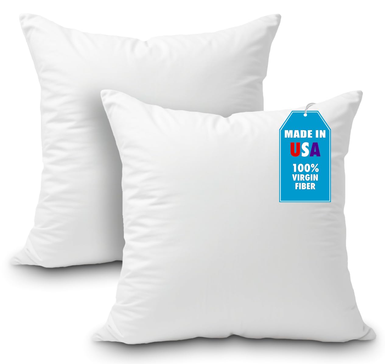 Foamily Throw Pillow Insert 16 x 16 inch (Set of 2) Hypoallergenic 100% Virgin Fiber Bed, Sofa, Couch Decorative Indoor Pillows Made in USA