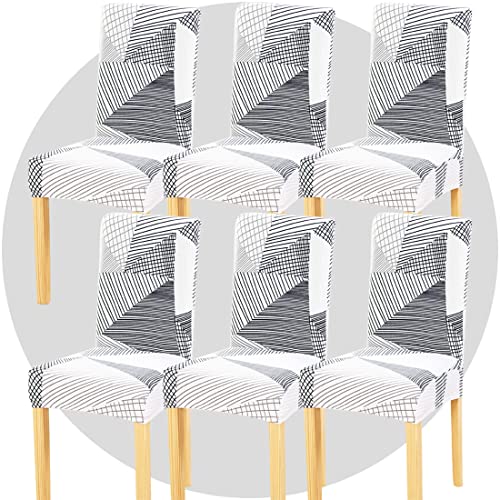 TOMMO Dining Room Chair Covers Set of 6, Stretch Removable Washable Spandex Dining Chair Slipcovers Protectors, Kitchen Chair Covers for Dining Room Party Hotel Ceremony Banquet(White Geometry)