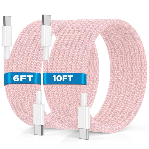 Image of USB C to USB C Cable 6FT+10FT 2Pack 60W iPhone 17 16 15 Charger Cord Long Type C to C Cable Fast Charging for Apple iPhone 17 16 15 /Pro /Pro Max /Plus /iPad Pro Air /MacBook /Air /Mini /Samsung Galaxy-Pink