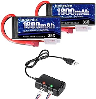 URGENEX 7.4V Lipo Battery 2S 35C 1800mAh Rechargeable RC Battery Pack with with Deans T Plug Campatibal with Most 1/10, 1/16 Scale RC Cars Trucks and 7.4V 1to2 USB Lipo Battery Charger