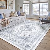 PureCozy Area Rug 5x7 Washable Blue Rug Vintage Boho Medallion Large Distressed Retro Carpet for Living Room Non Slip Indoor Low Pile Small Soft Bedroom Dining Room Home Office